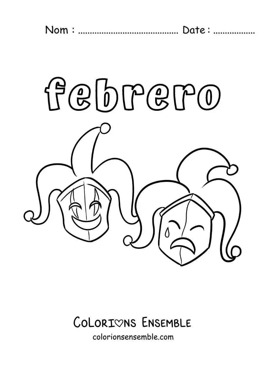 Coloriage de février avec des masques de Carnaval
