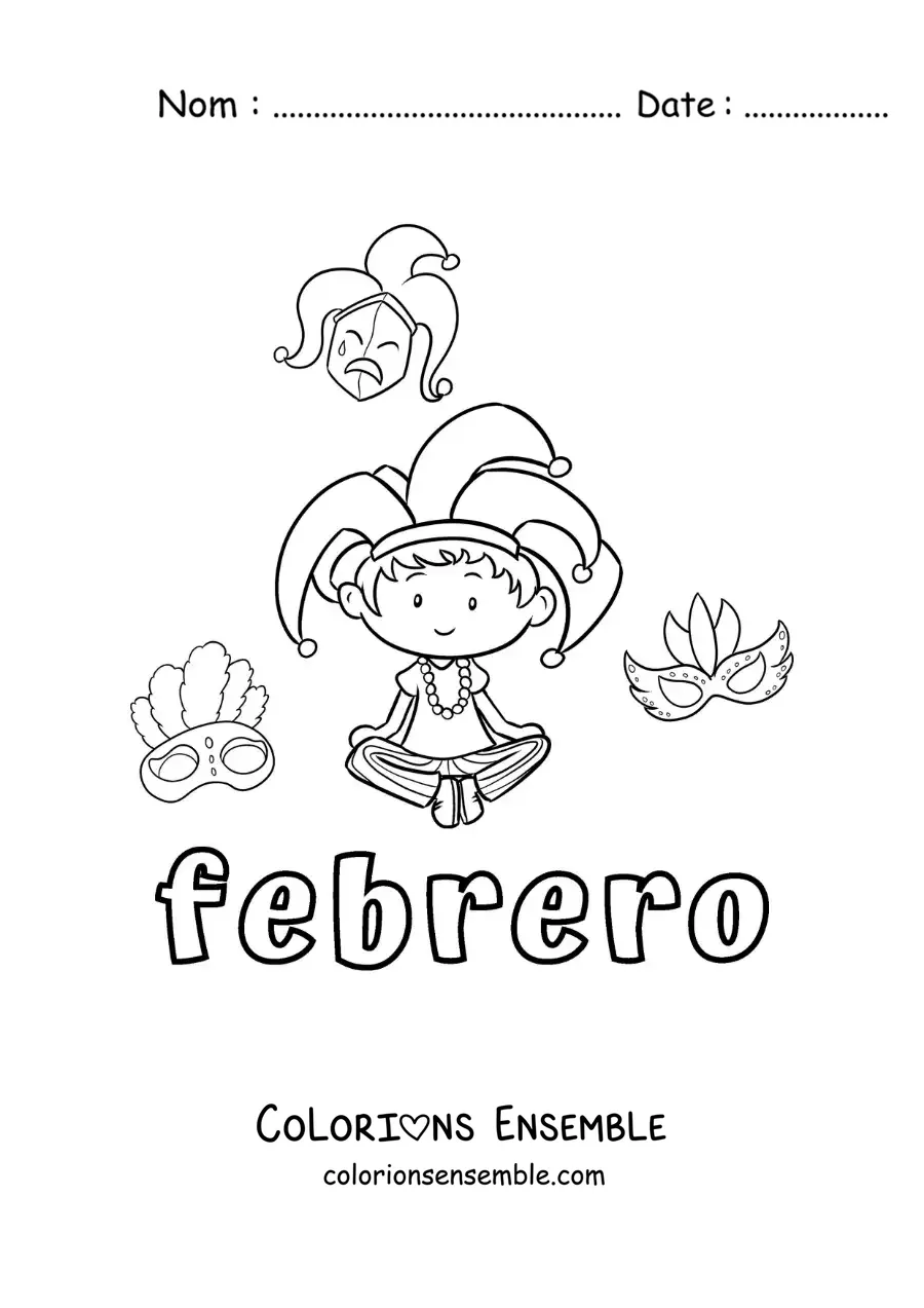 Coloriage de février avec un enfant au Carnaval