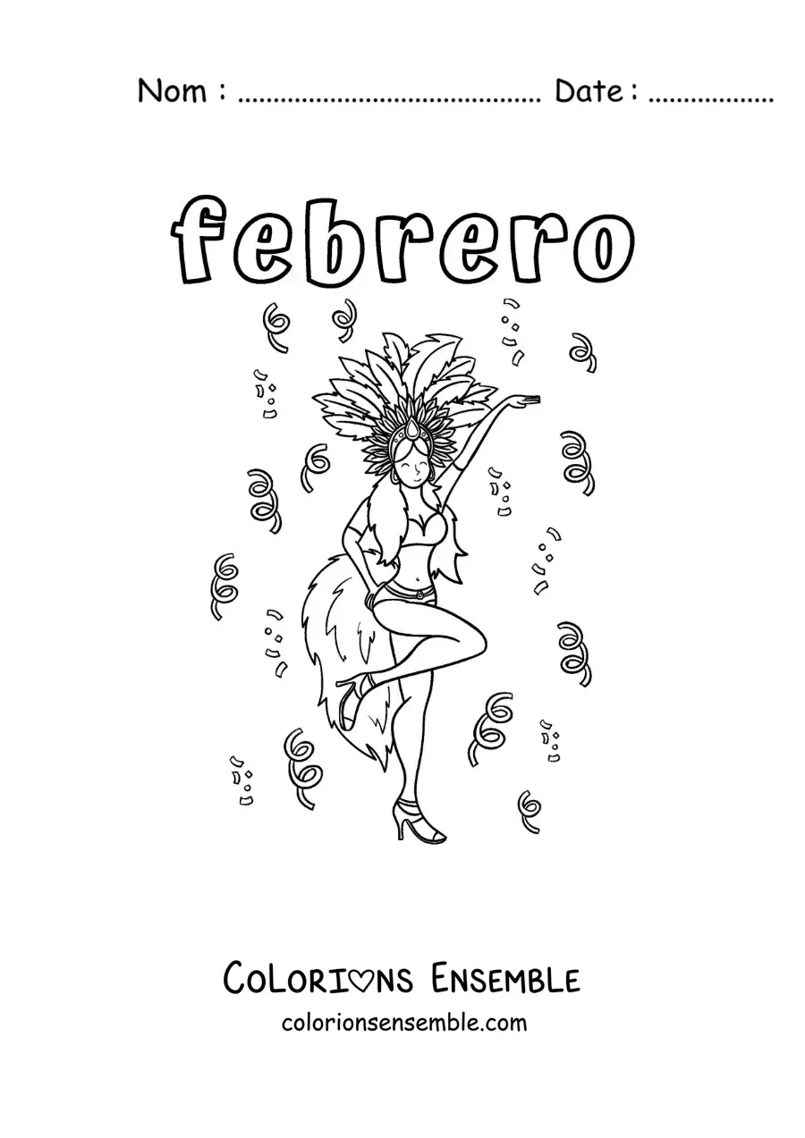 Coloriage de février avec une danseuse du Carnaval du Brésil
