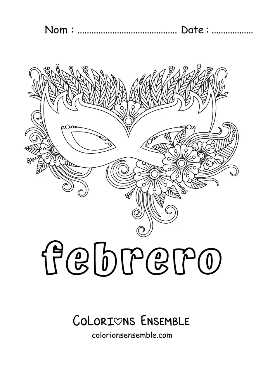 Coloriage de février avec un masque de Carnaval