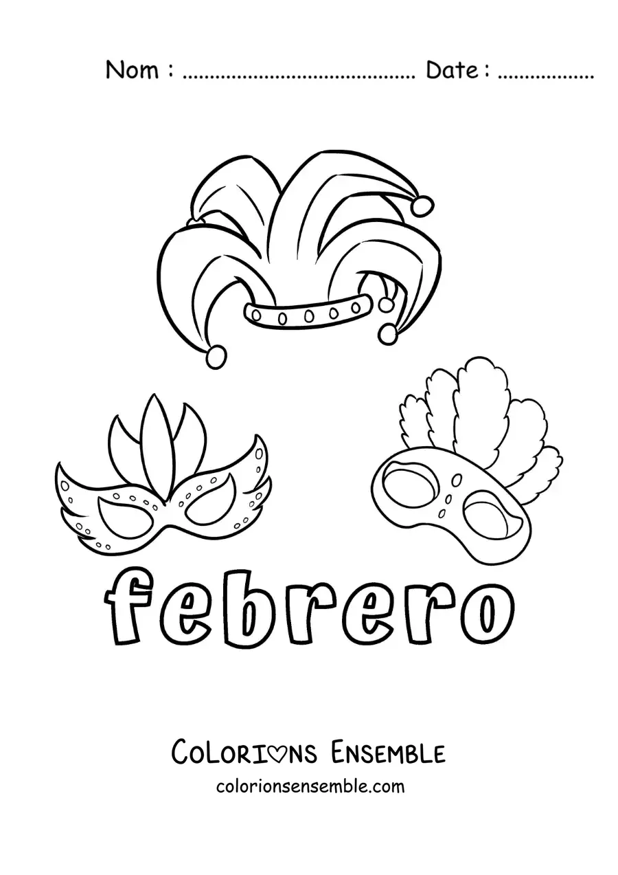 Coloriage de février avec des masques de Carnaval rigolos