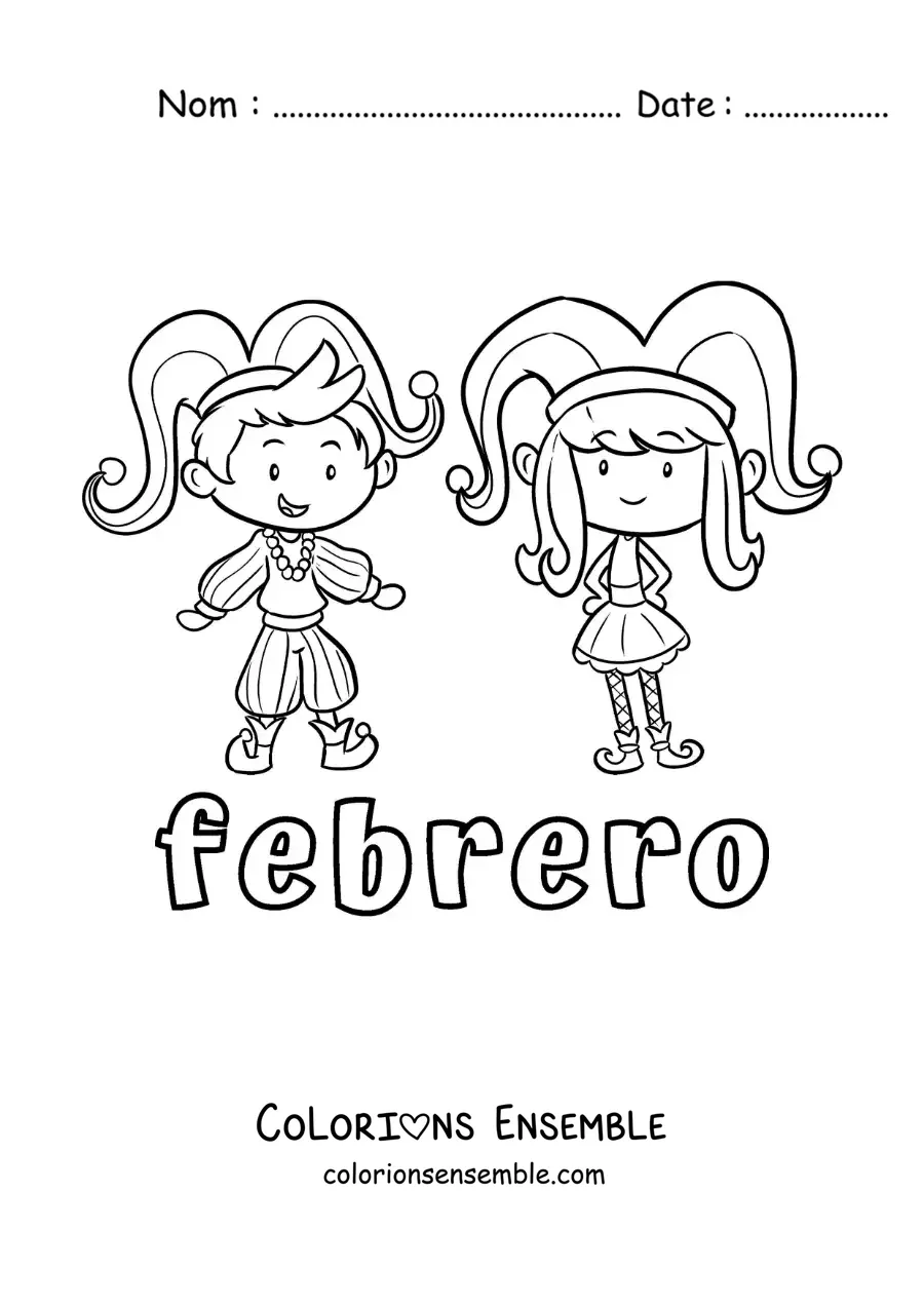 Coloriage de février avec deux enfants au Carnaval
