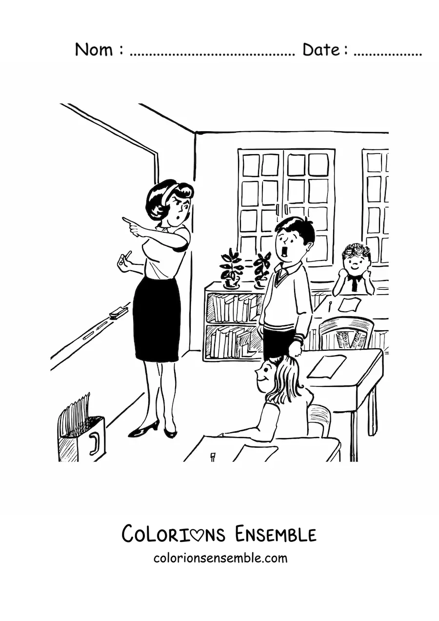 Image à colorier d’une enseignante en colère grondant un élève
