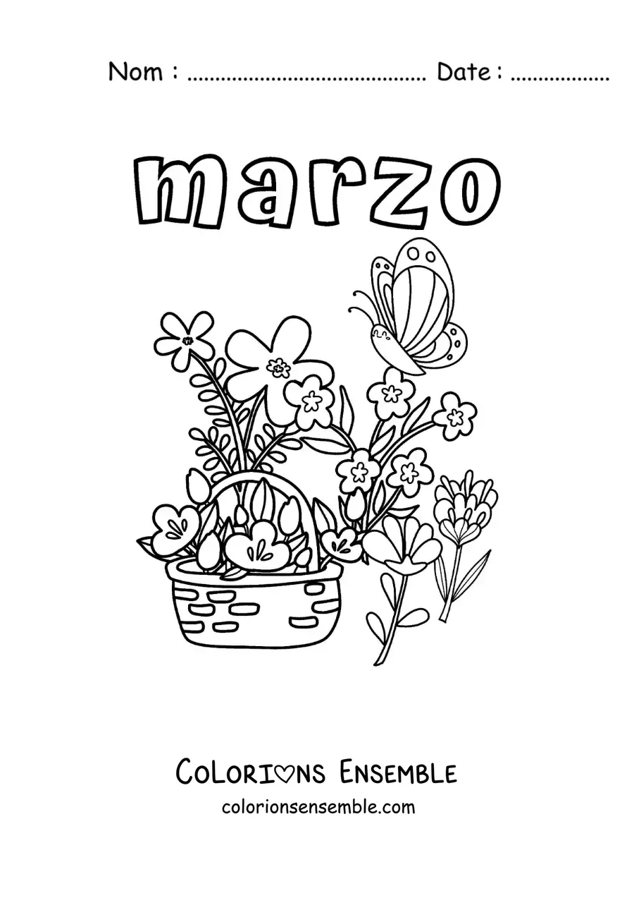Coloriage de mars avec des fleurs et un papillon