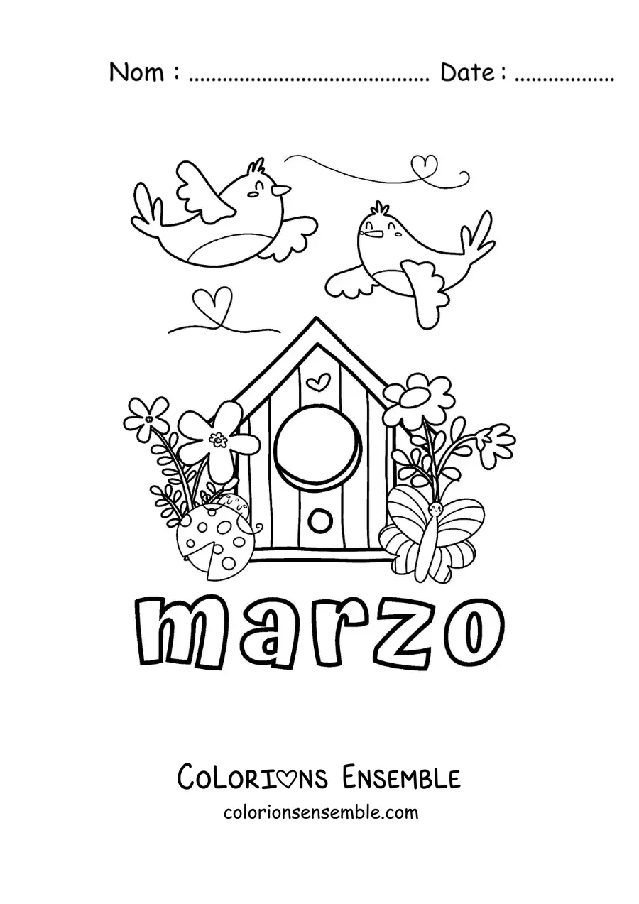 Coloriage de mars avec des oiseaux et des fleurs