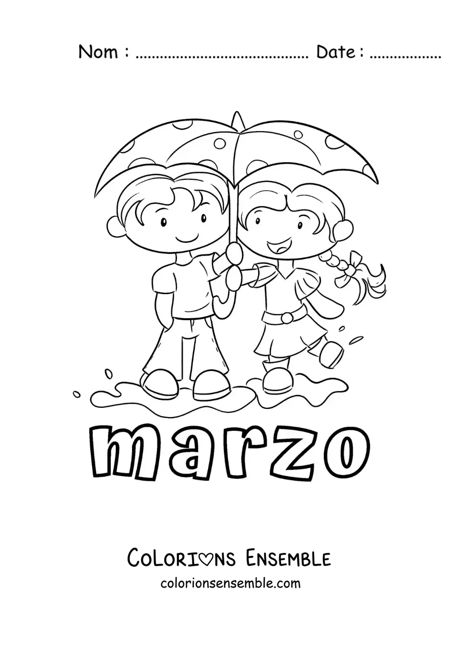 Coloriage de mars avec deux enfants sous leurs parapluies dans la pluie