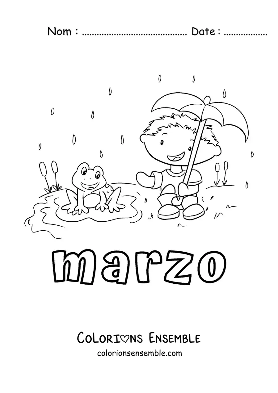 Coloriage de mars avec un garçon sous la pluie à côté d’un crapaud rigolo