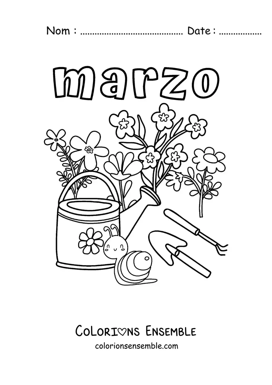 Coloriage de mars avec des fleurs et un escargot