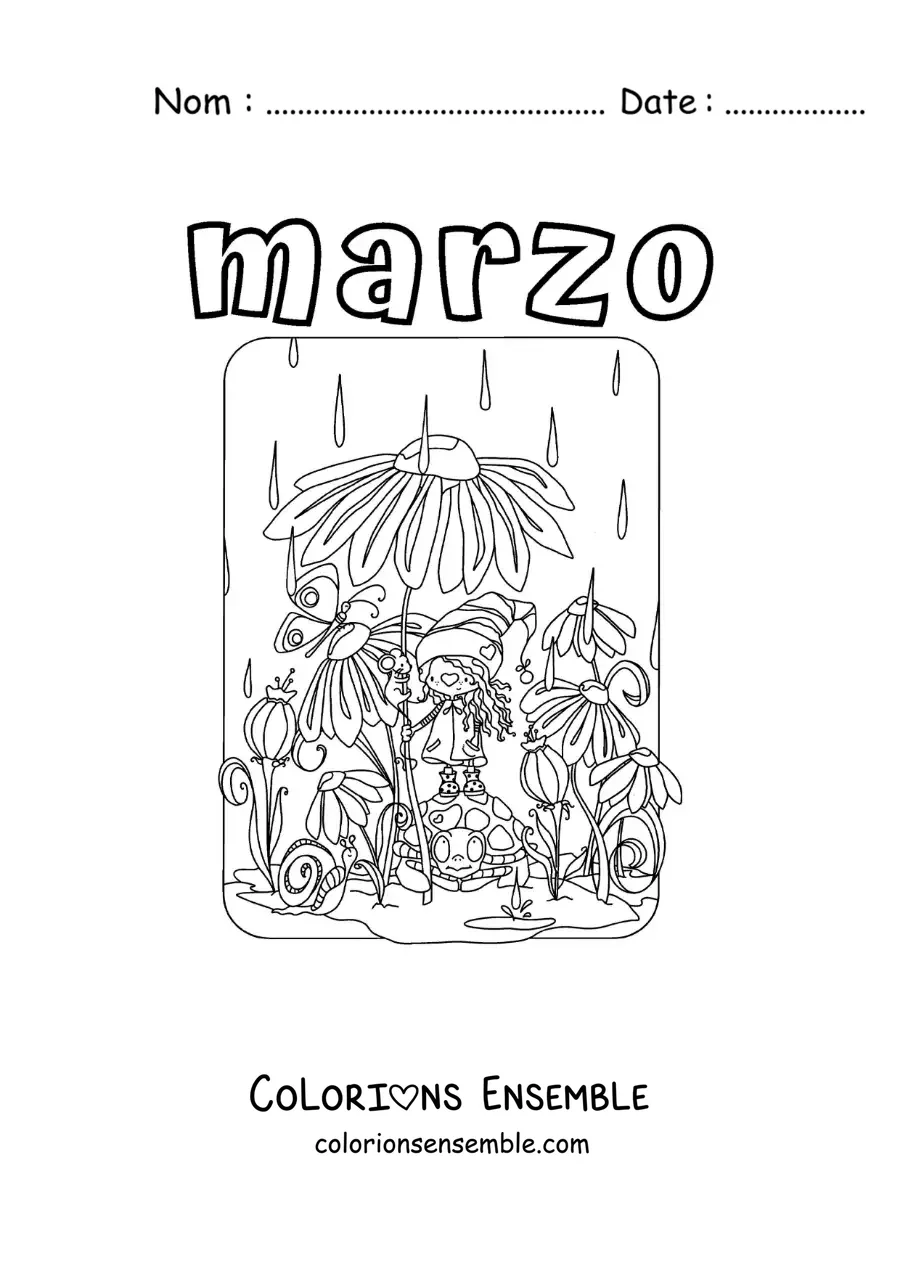 Coloriage de mars avec des fleurs sous la pluie
