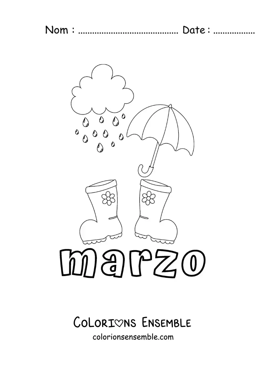 Coloriage de mars avec un parapluie et des bottes de pluie