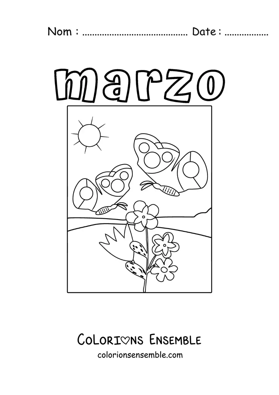 Coloriage de mars avec des fleurs de printemps et un papillon