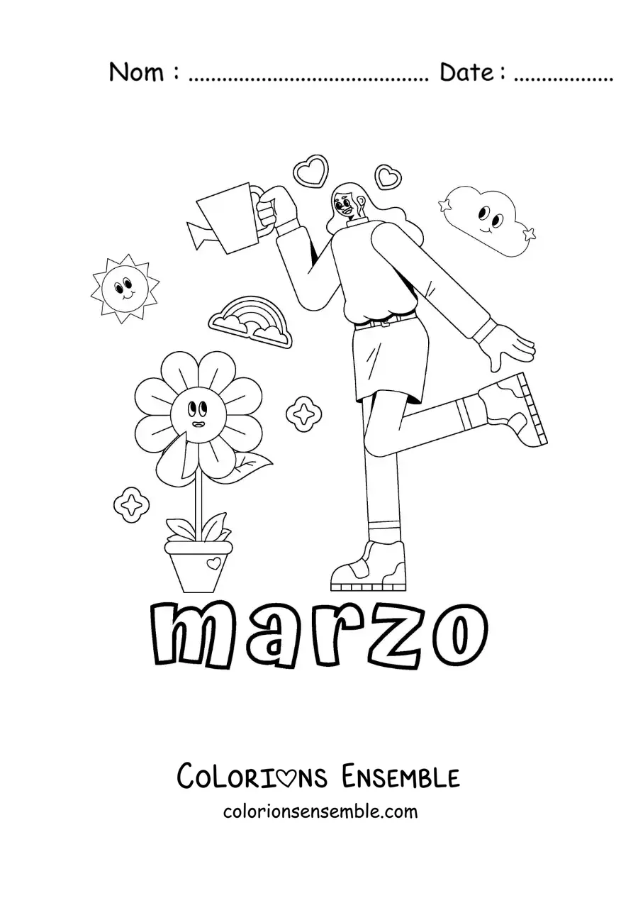 Coloriage de mars avec une fille qui arrose les fleurs