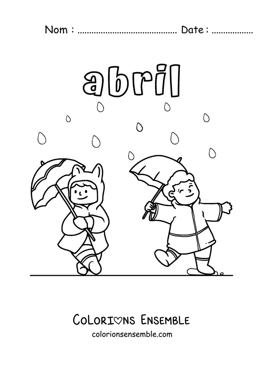 Coloriage d’avril avec des enfants sous la pluie