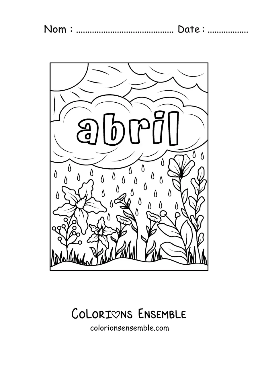 Coloriage d’avril avec un paysage de fleurs et de pluie