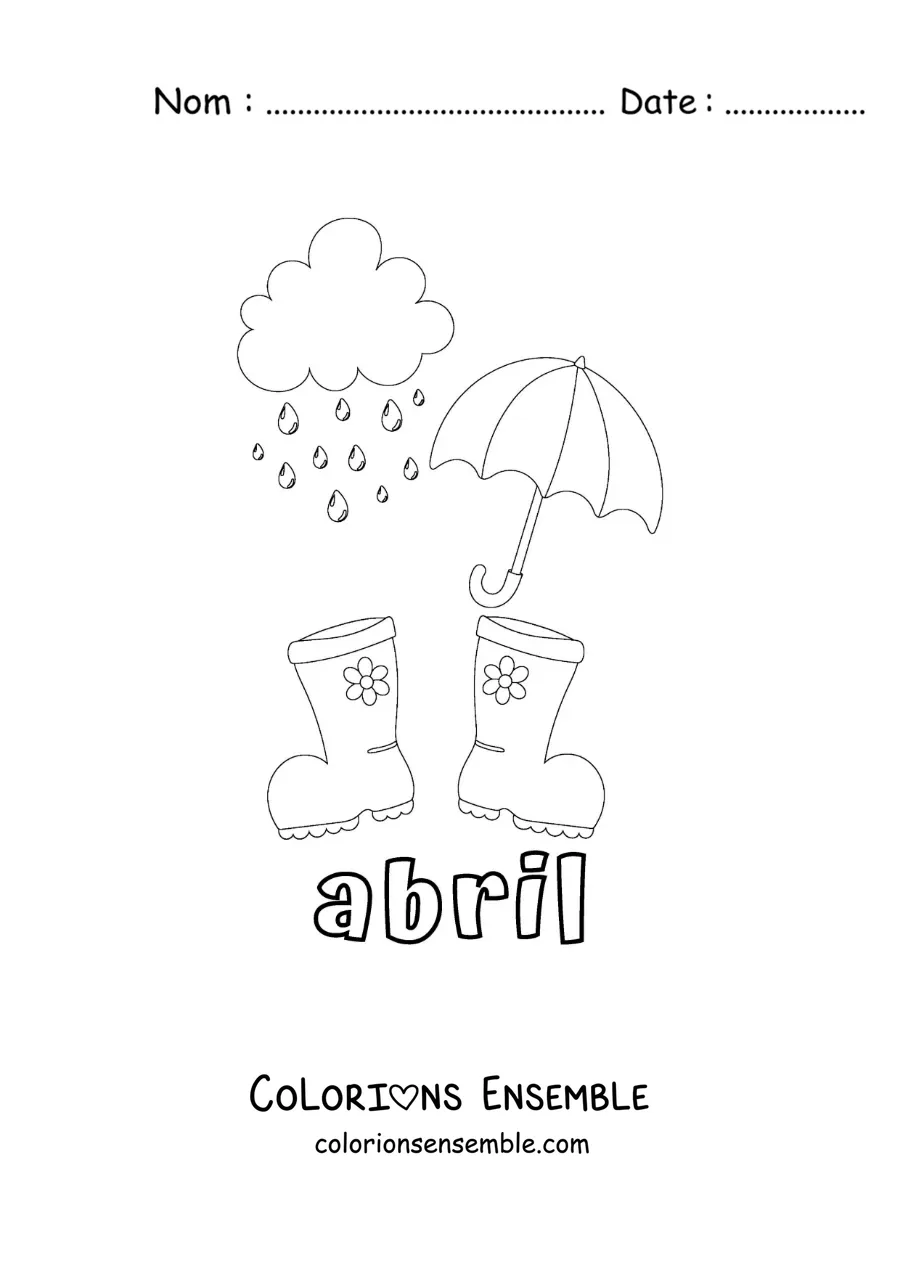 Coloriage d’avril avec des bottes de pluie et un parapluie