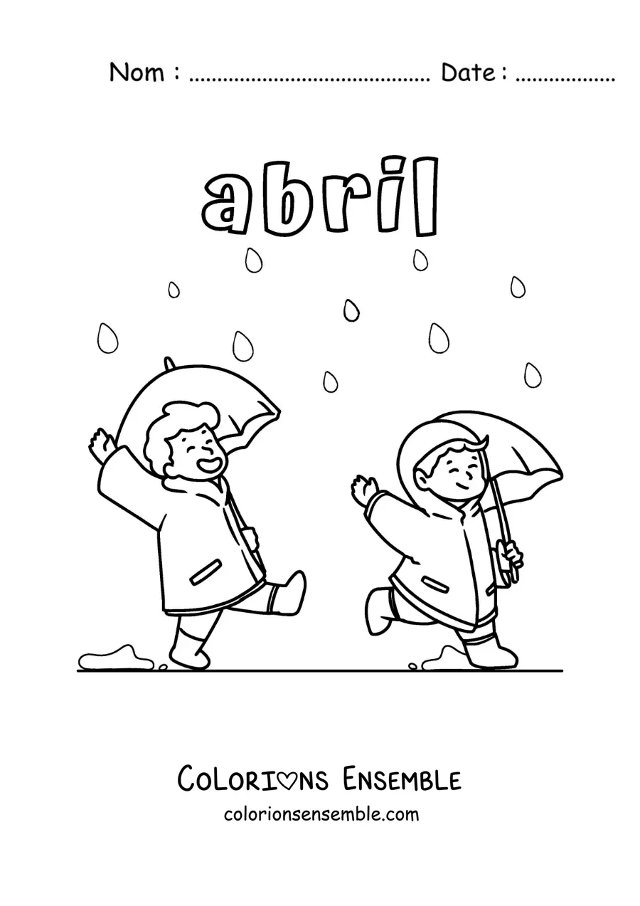 Coloriage d’avril avec des enfants qui sautent sous la pluie