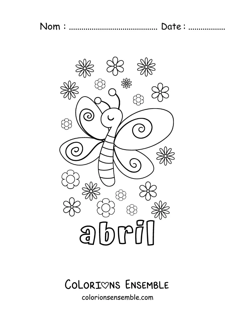 Coloriage d’avril avec un papillon rigolo et des fleurs