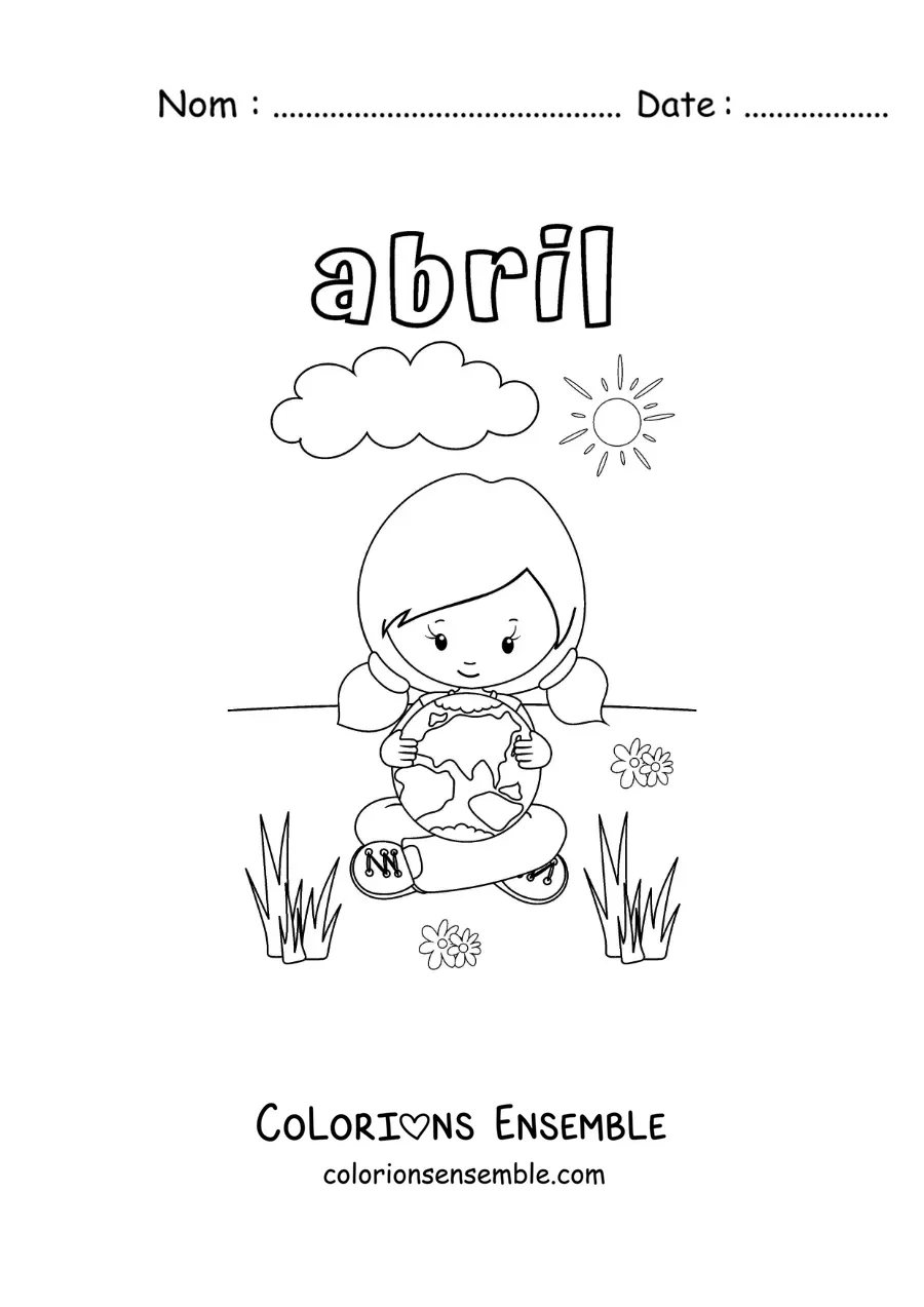 Coloriage d’avril avec une fille qui serre la Terre dans ses bras
