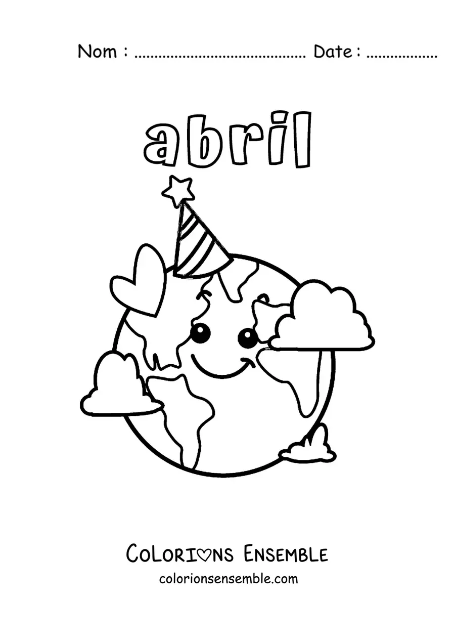Coloriage d’avril avec la Terre rigolote qui porte un chapeau d’anniversaire pour sa journée