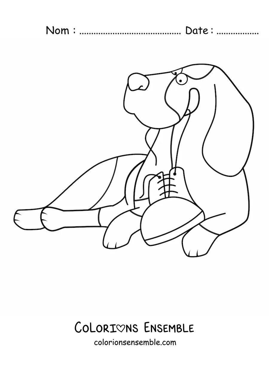 Image à colorier d’un basset hound allongé jouant avec une chaussure
