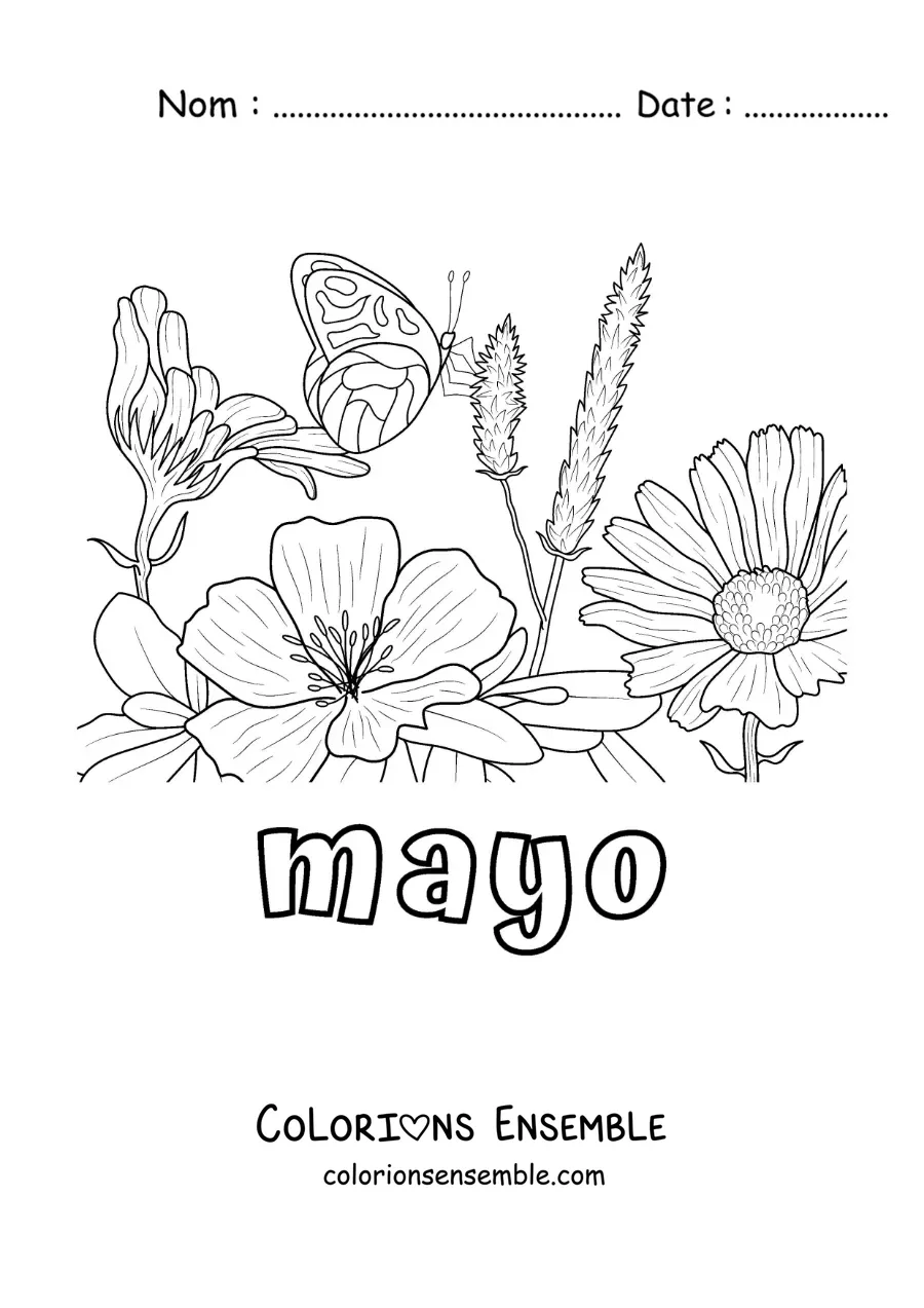 Coloriage de mai avec un papillon dans un jardin fleuri