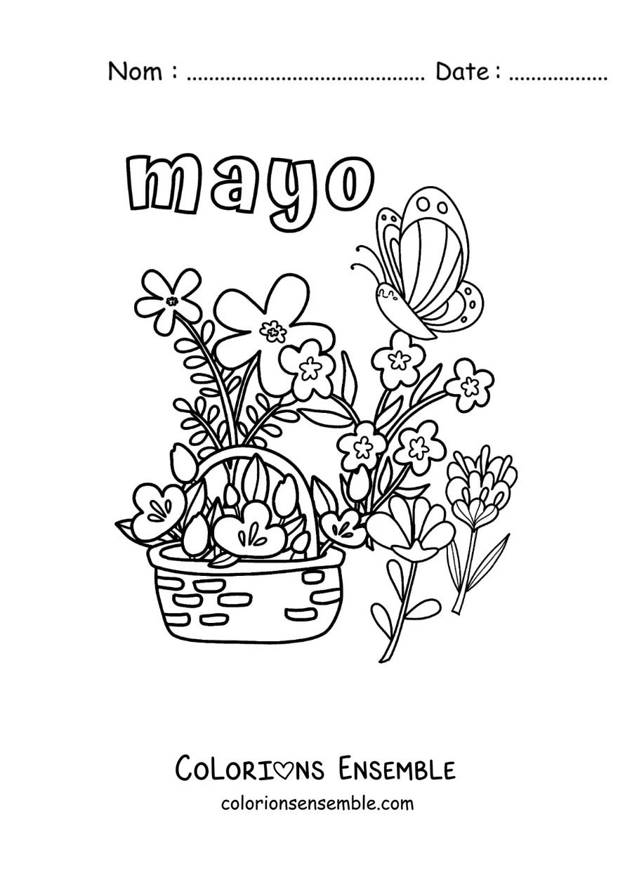 Coloriage de mai avec des fleurs de printemps dans un panier et un papillon