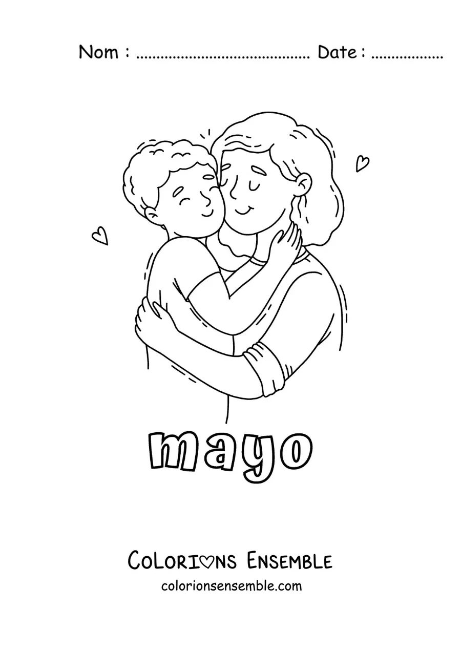 Coloriage de mai avec un câlin pour la fête des mères