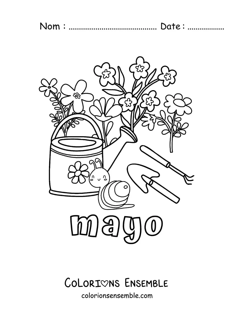 Coloriage de mai avec des fleurs à côté d’outils de jardinage et un escargot rigolo