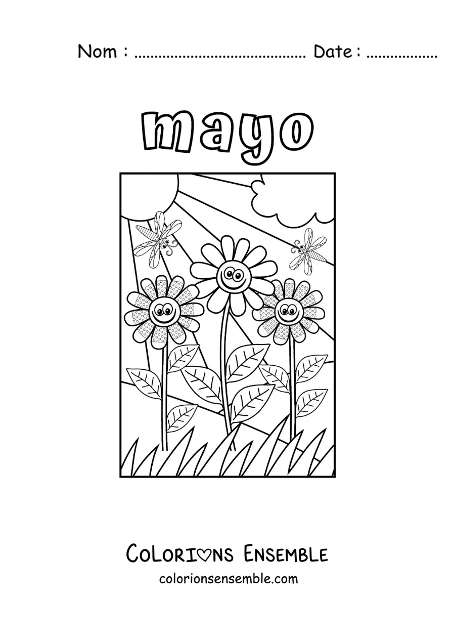 Coloriage de mai avec un paysage de fleurs rigolotes et un soleil radieux