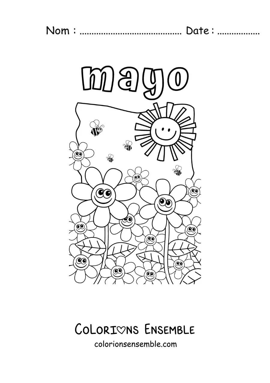 Coloriage de mai avec des fleurs rigolotes sous le soleil de printemps
