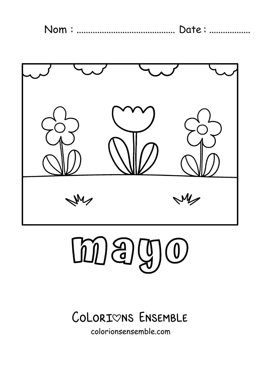 Coloriage de mai avec des fleurs toutes simples dans un jardin