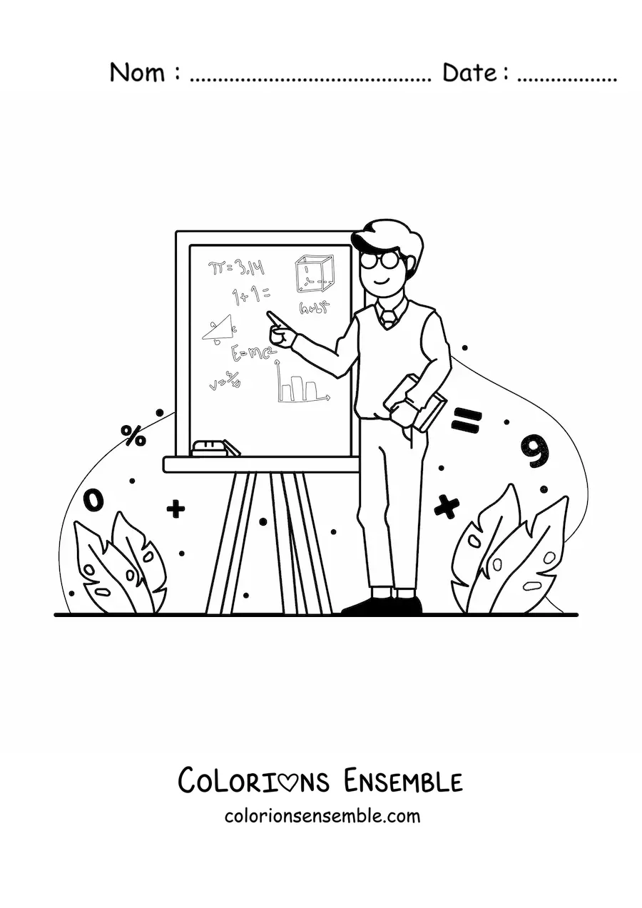 Image à colorier d’un professeur montrant un tableau avec des formules mathématiques