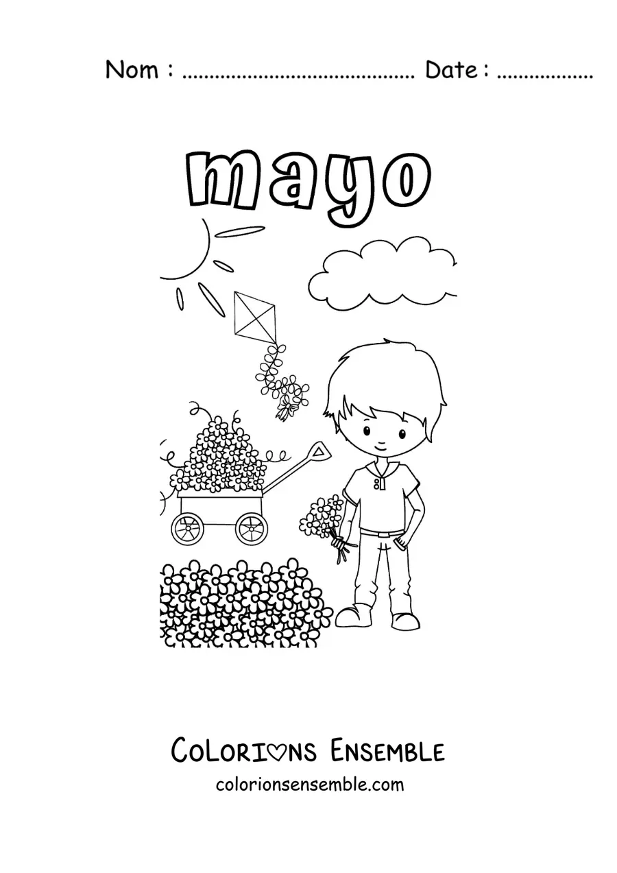 Coloriage de mai avec un garçon qui cueille des fleurs par une journée ensoleillée