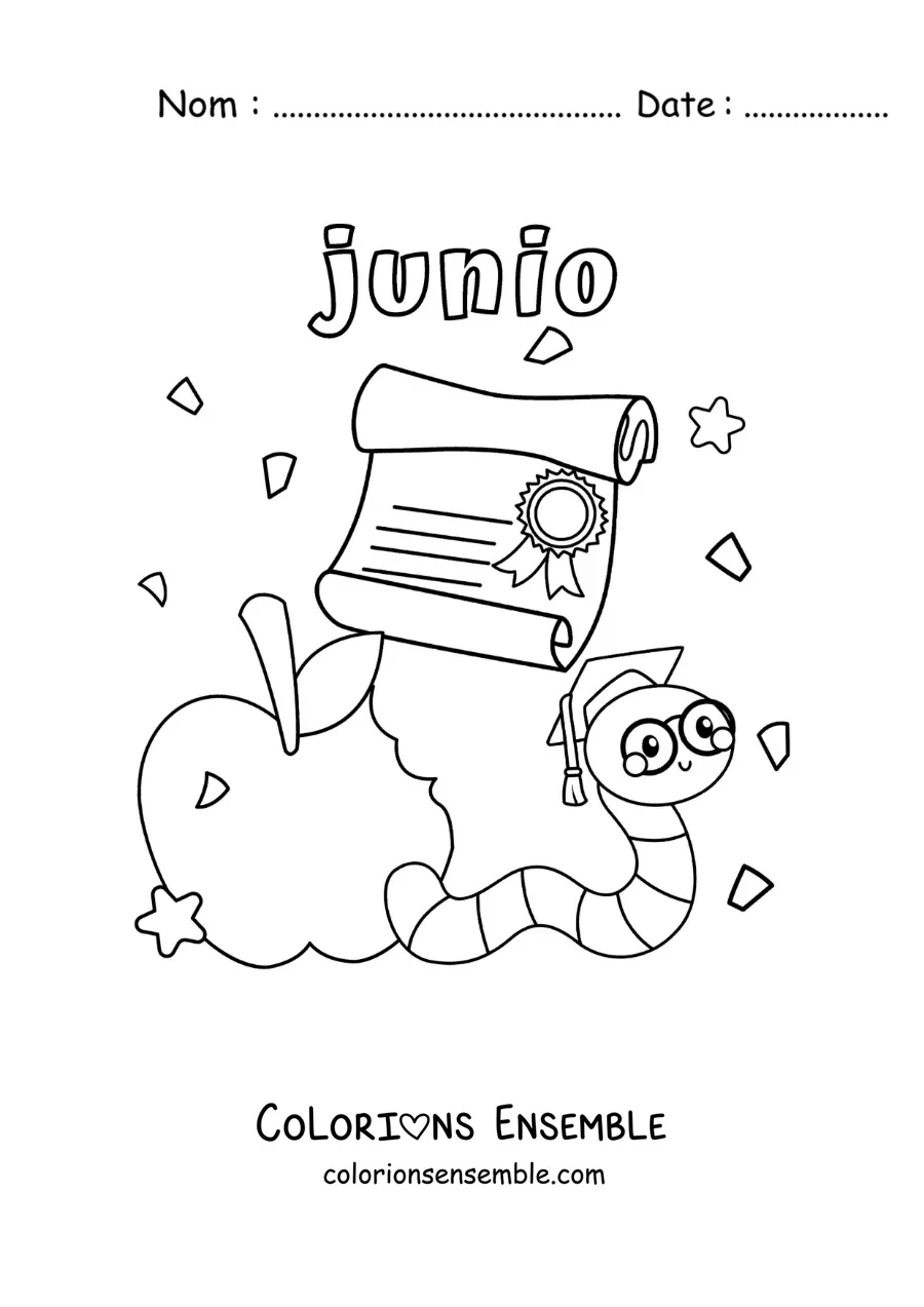 Coloriage de juin avec un ver rigolo qui porte une toque de remise des diplômes et tient un diplôme