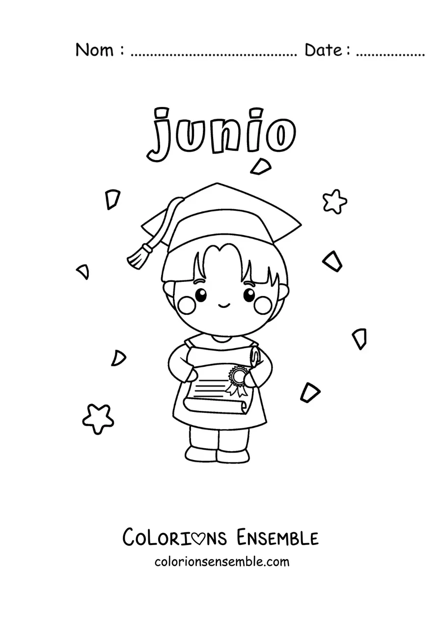 Coloriage de juin avec un garçon qui tient un diplôme et porte une toque à sa remise des diplômes