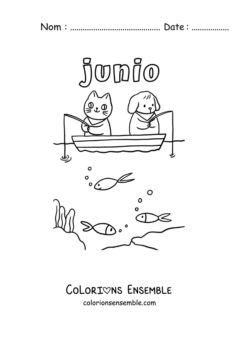 Coloriage de juin avec un chat et un chien rigolos qui pêchent dans une barque