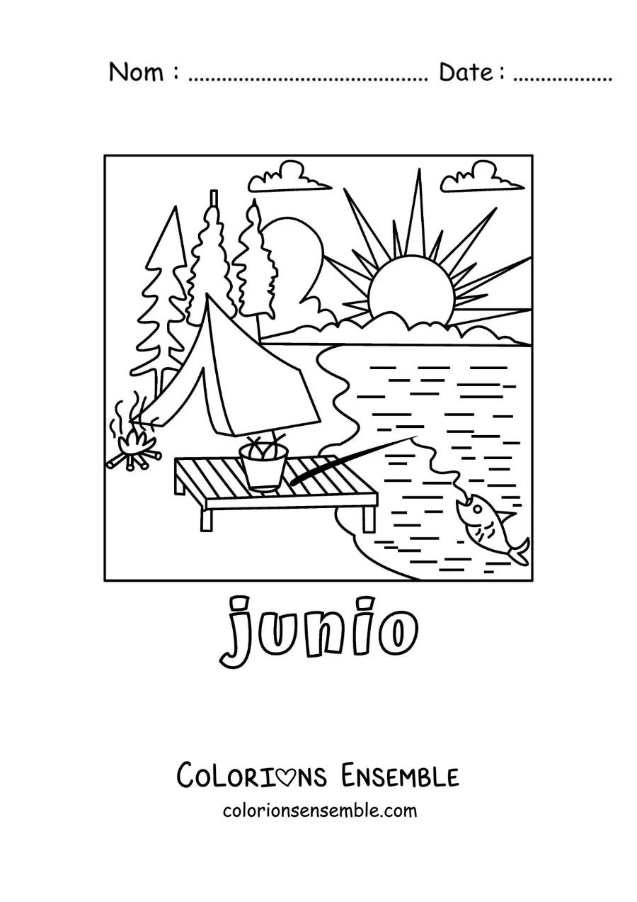 Coloriage de juin avec un campement au bord du lac