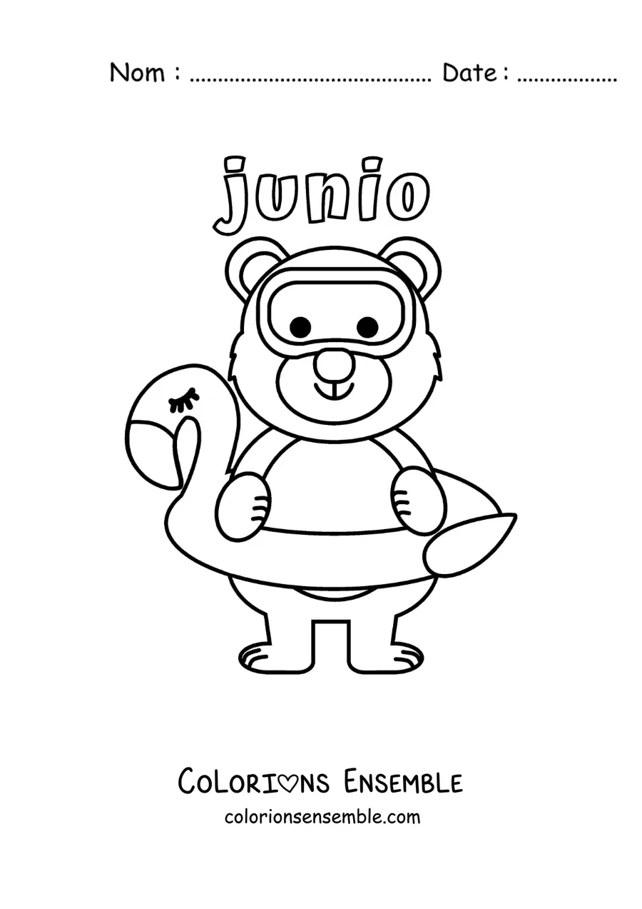 Coloriage de juin avec un ours rigolo qui porte une bouée et des lunettes de plongée