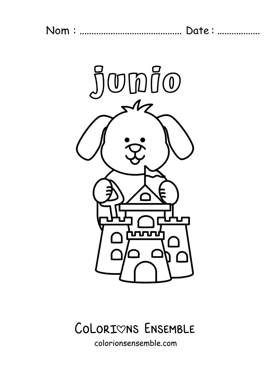 Coloriage de juin avec un chien rigolo qui construit un château de sable