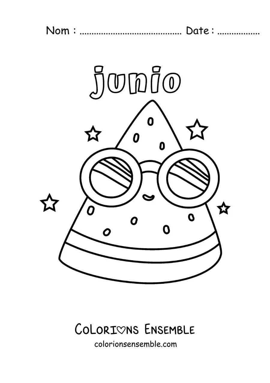 Coloriage de juin avec une pastèque rigolote qui porte des lunettes de soleil en été