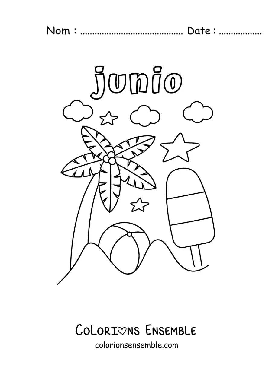 Coloriage de juin avec une journée d’été à la plage, un palmier et un ballon