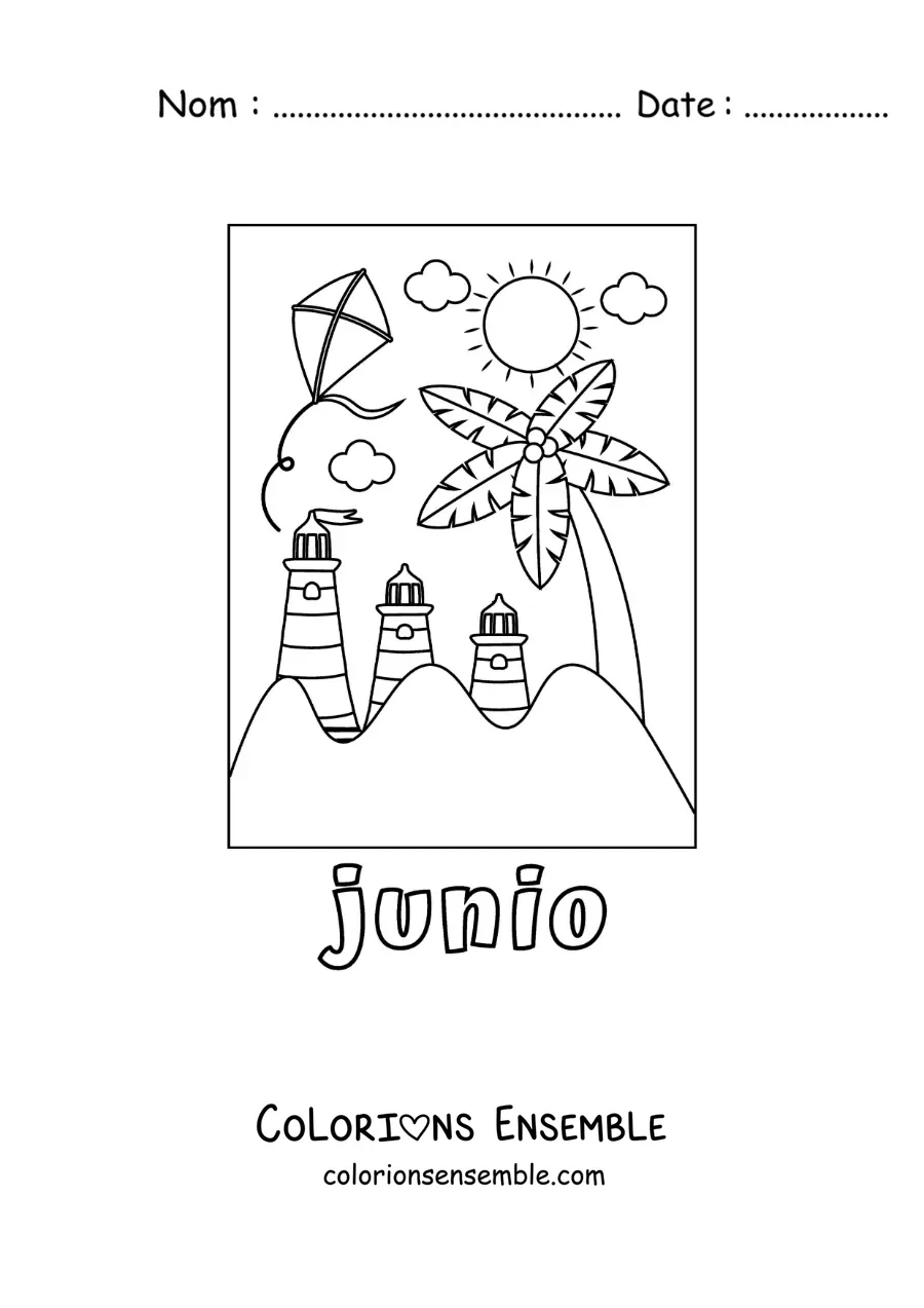 Coloriage de juin avec une journée d’été à la plage, des phares et un cerf-volant