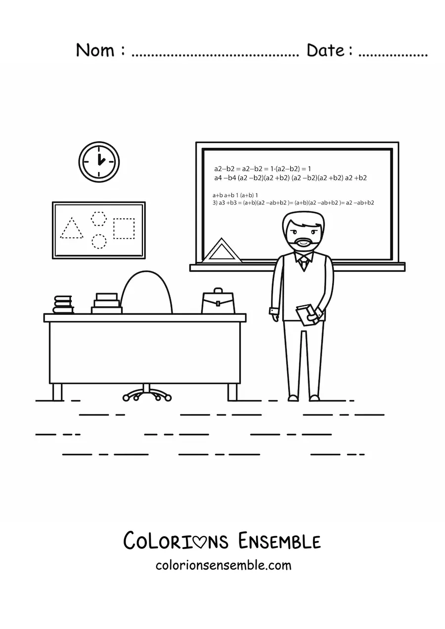 Image à colorier d’un professeur expliquant les mathématiques devant le tableau