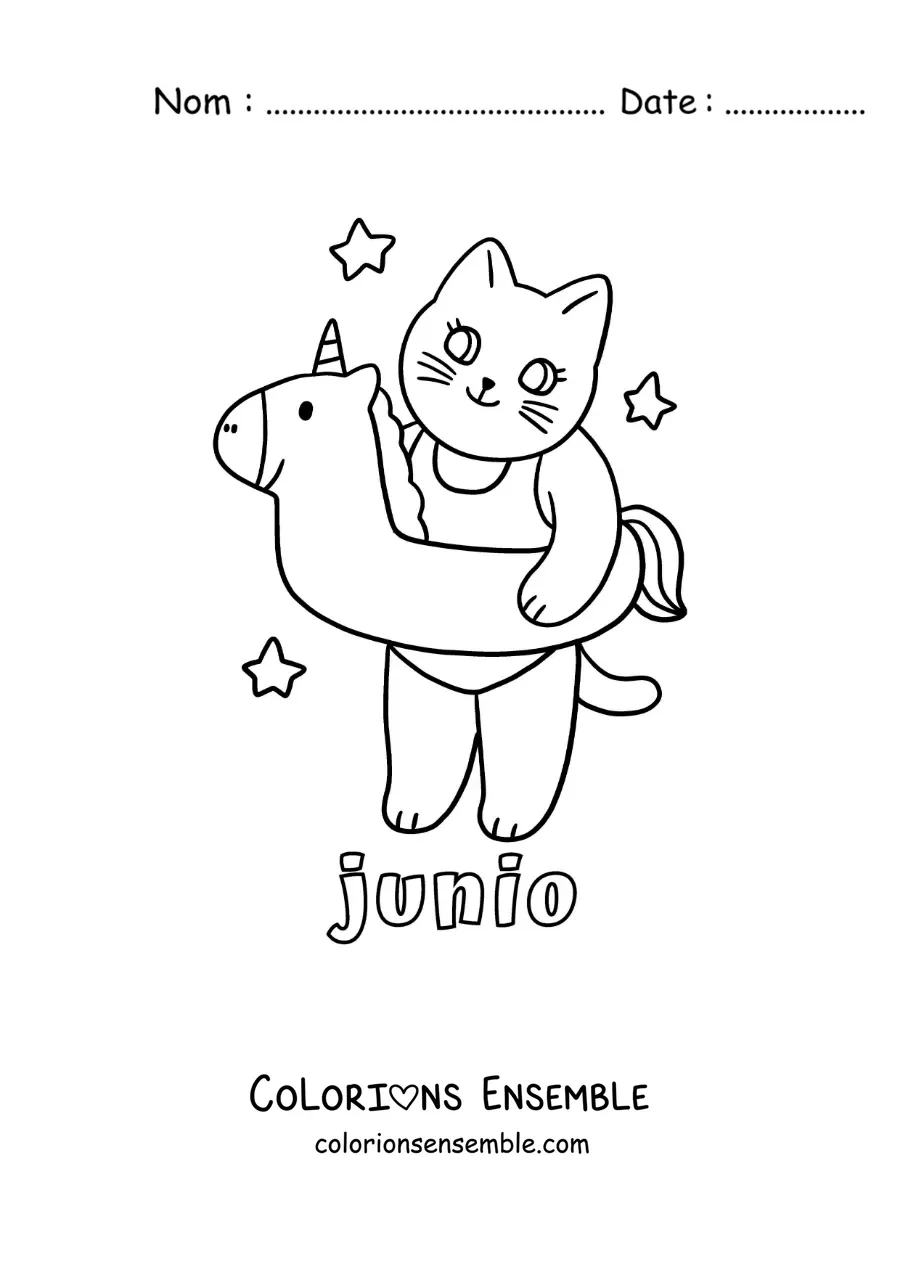 Coloriage de juin avec un chat rigolo qui porte une bouée