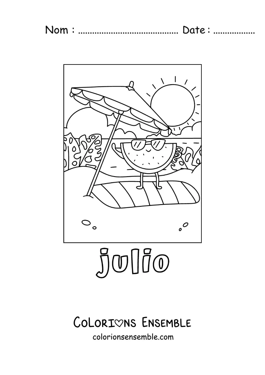 Coloriage de juillet avec une pastèque rigolote à la plage