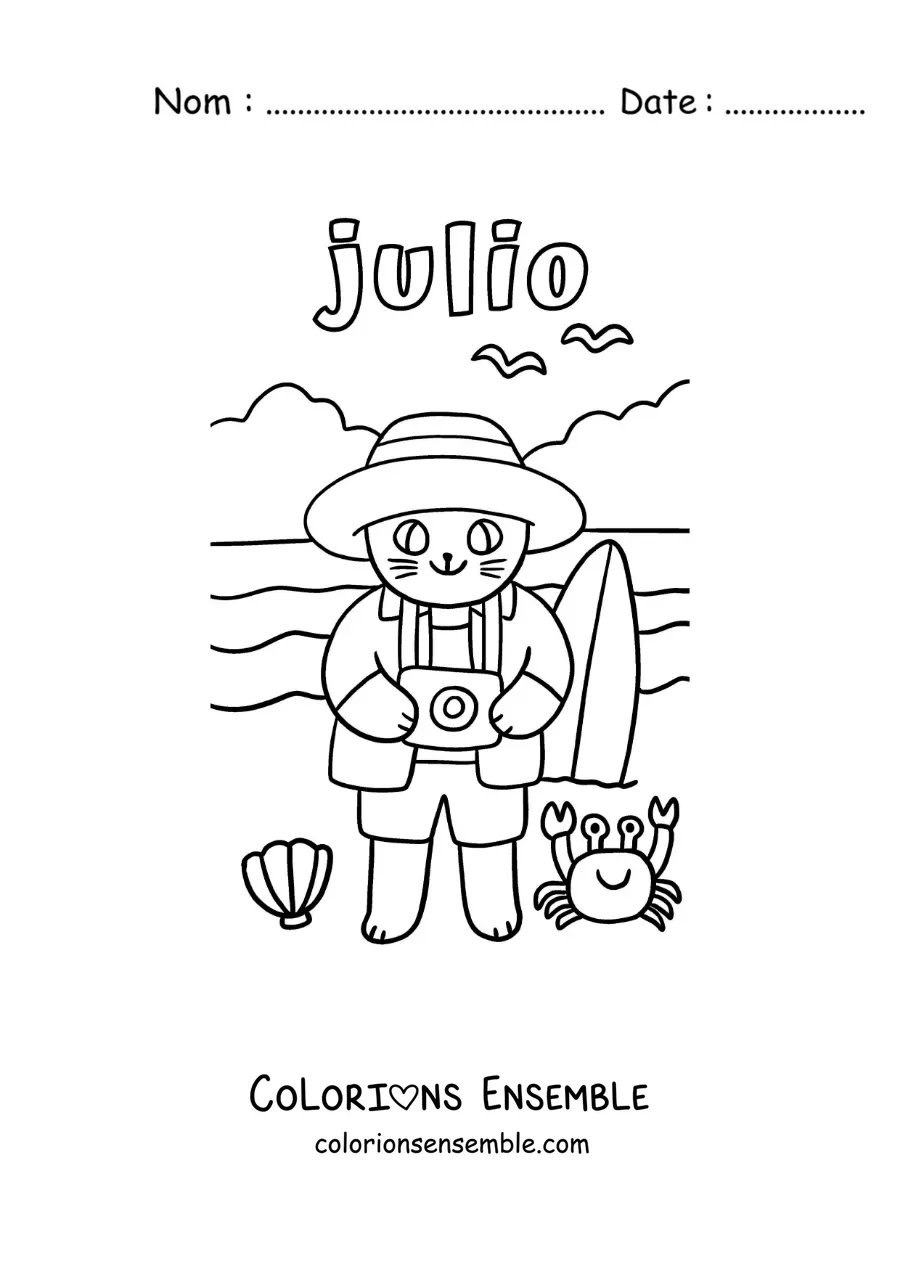 Coloriage de juillet avec un chat touriste rigolo à la plage