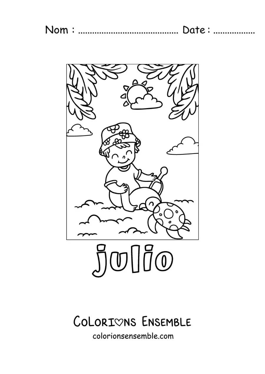 Coloriage de juillet avec un garçon en vacances qui joue dans le sable à la plage