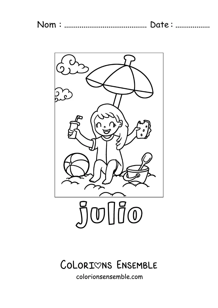 Coloriage de juillet avec une fille en vacances qui mange à la plage