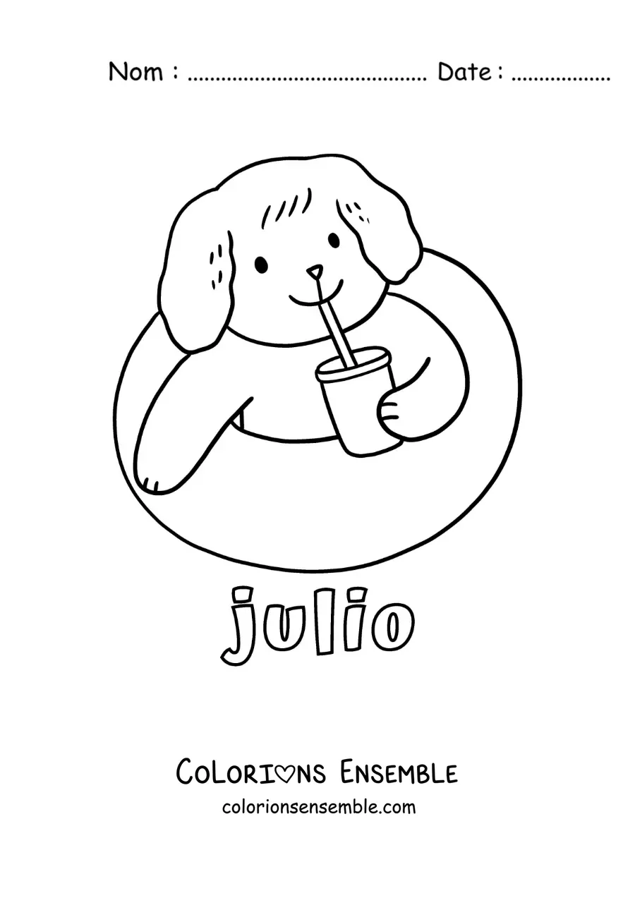Coloriage de juillet avec un chien rigolo dans la piscine qui boit un verre