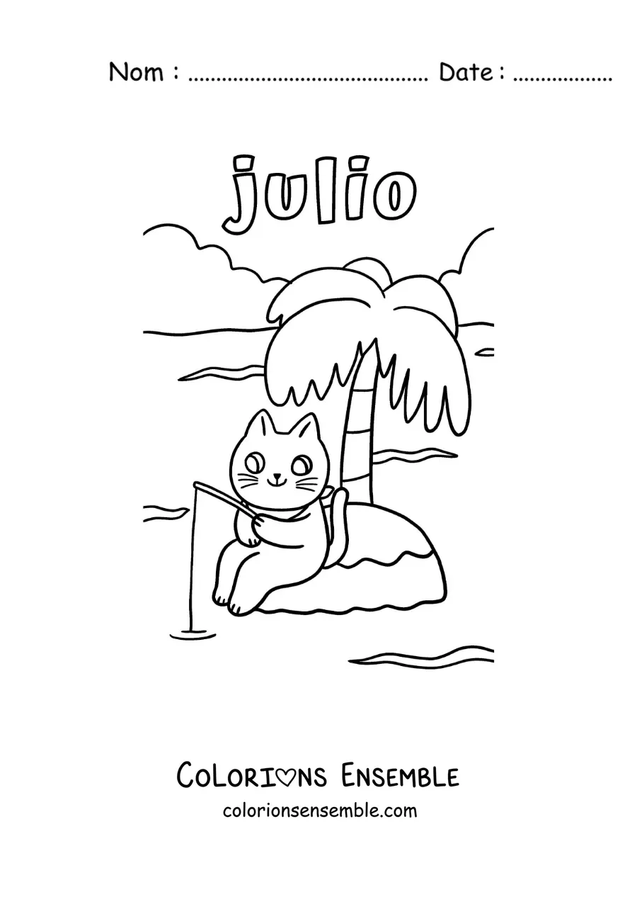 Coloriage de juillet avec un chat rigolo qui pêche sur une île